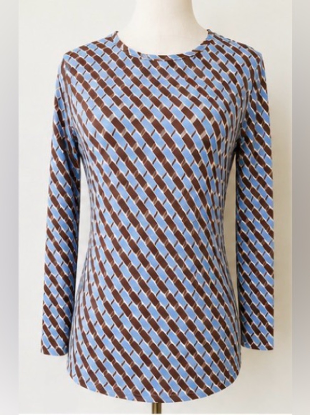 [J. McLaughlin] Ruston Top Blue Brown Geometric Print Stretch Knit Top Sz S